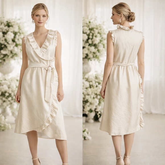 Exquisite Ivory Ruffle Wrap Midi Dress | Romantic Wedding Guest Quiet Luxury 10 - Picture 2 of 6